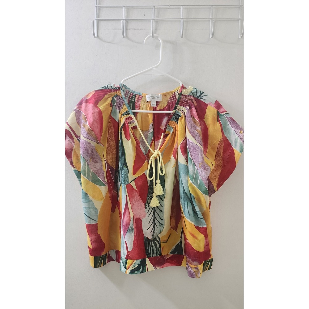Marc New York Jeans Tropical Leaf Print Tassel Tie Smocked Cotton Top MJ5MT336